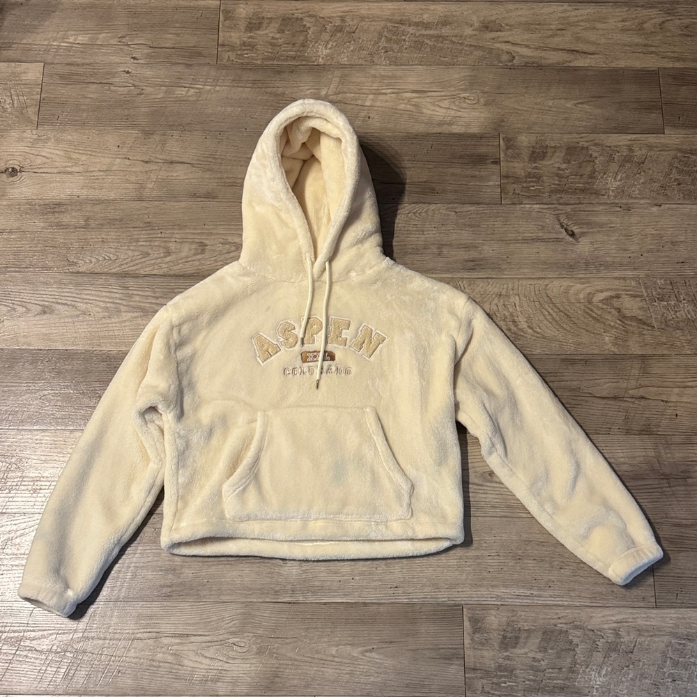 Forever 21 Cream Sherpa Hoodie with Aspen Embroidery